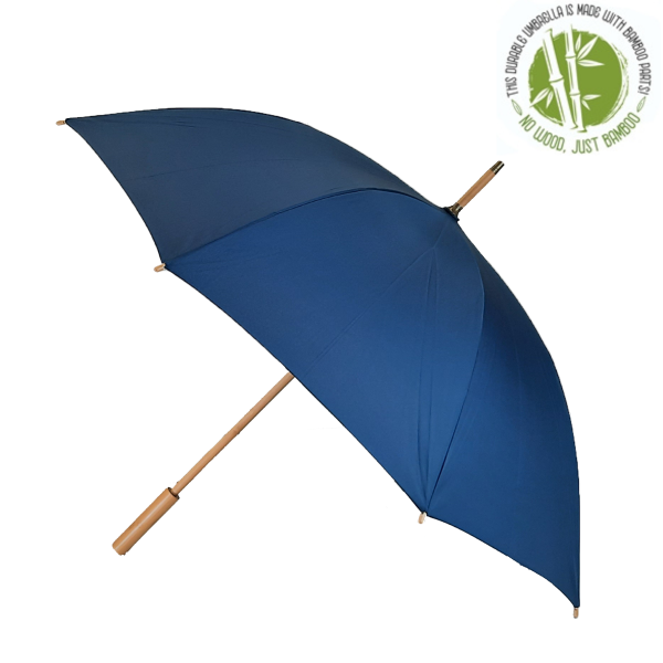 This is our wholesale blue eco umbrella made from bamboo and RPET fabric.