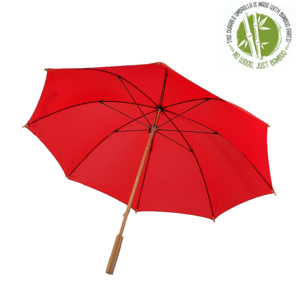 This is our wholesale red eco umbrella made from bamboo and RPET fabric.