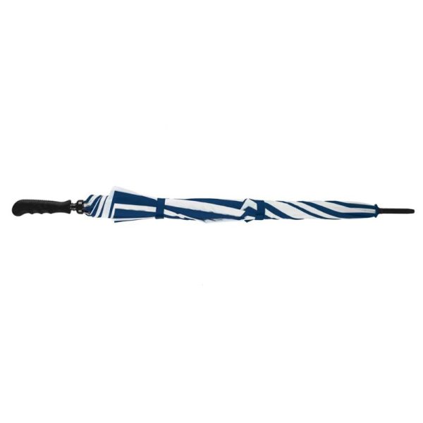 Vented navy and white golf umbrella closed