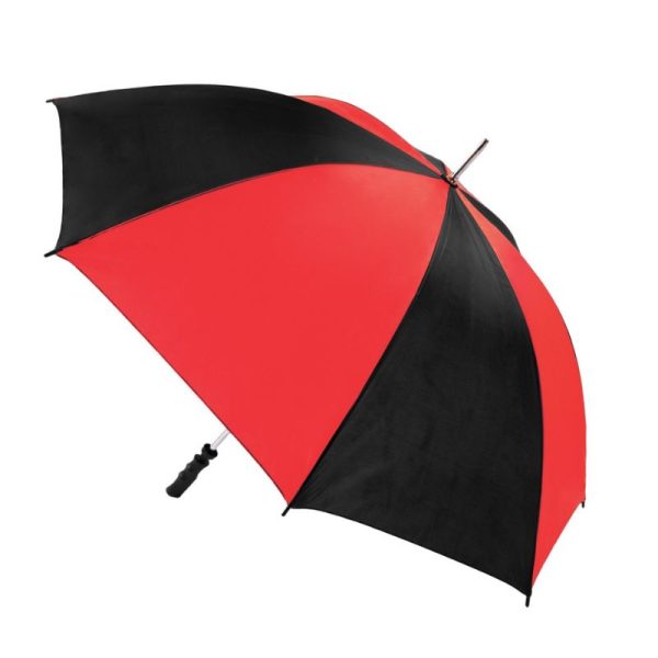 Red and black golf umbrella opened